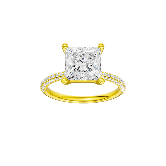 Princess-cut diamond engagement ring with a pavé-set diamond band and solitaire setting.