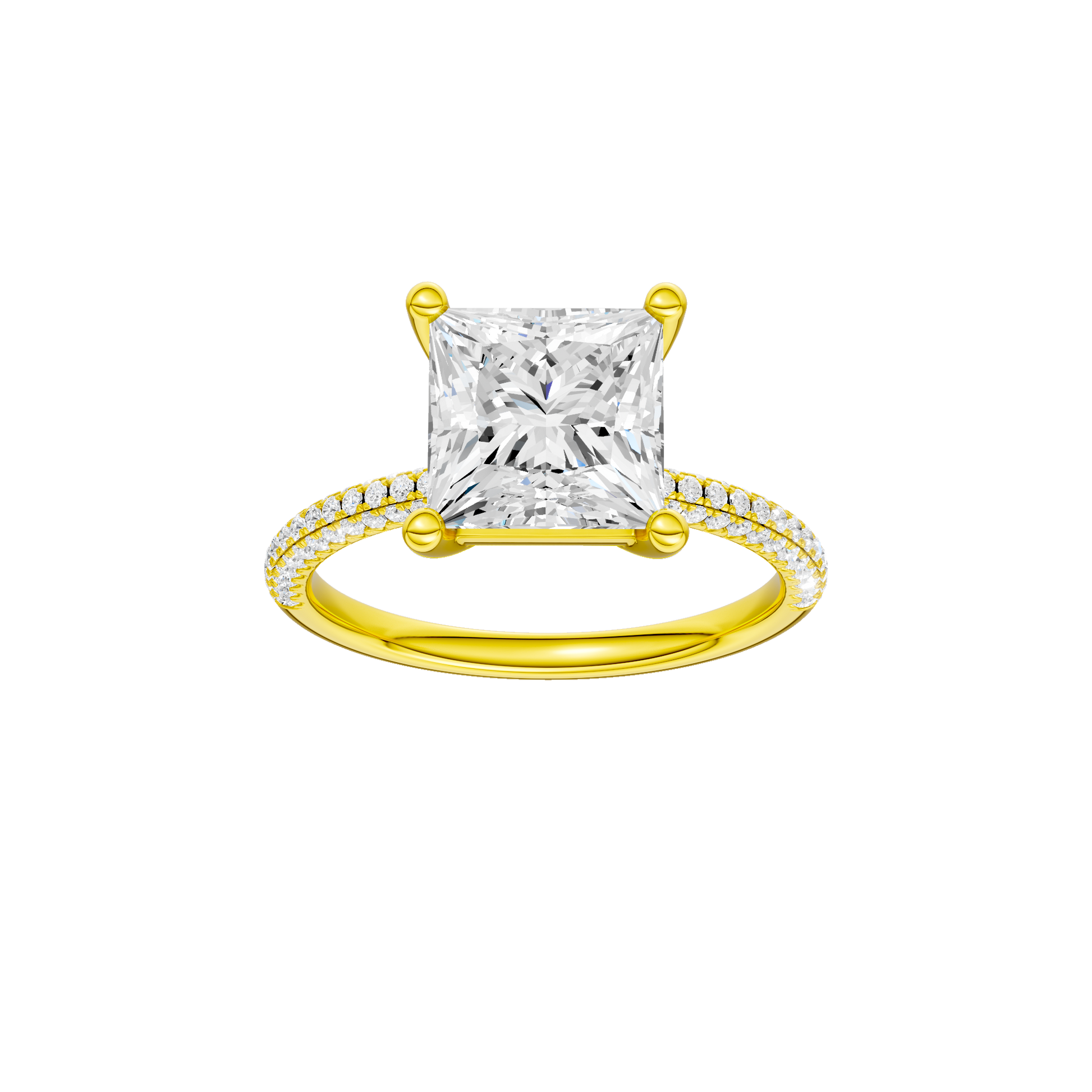 Princess-cut diamond engagement ring with a pavé-set diamond band and solitaire setting.