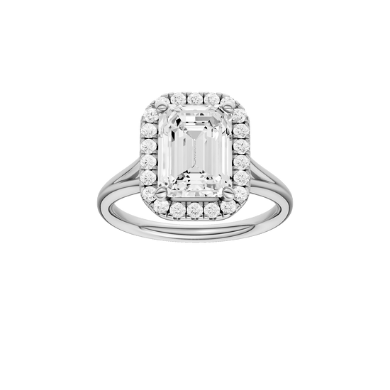 Emerald-cut diamond engagement ring with a plain band and halo setting.