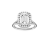 Emerald-cut diamond engagement ring with a plain band and halo setting.