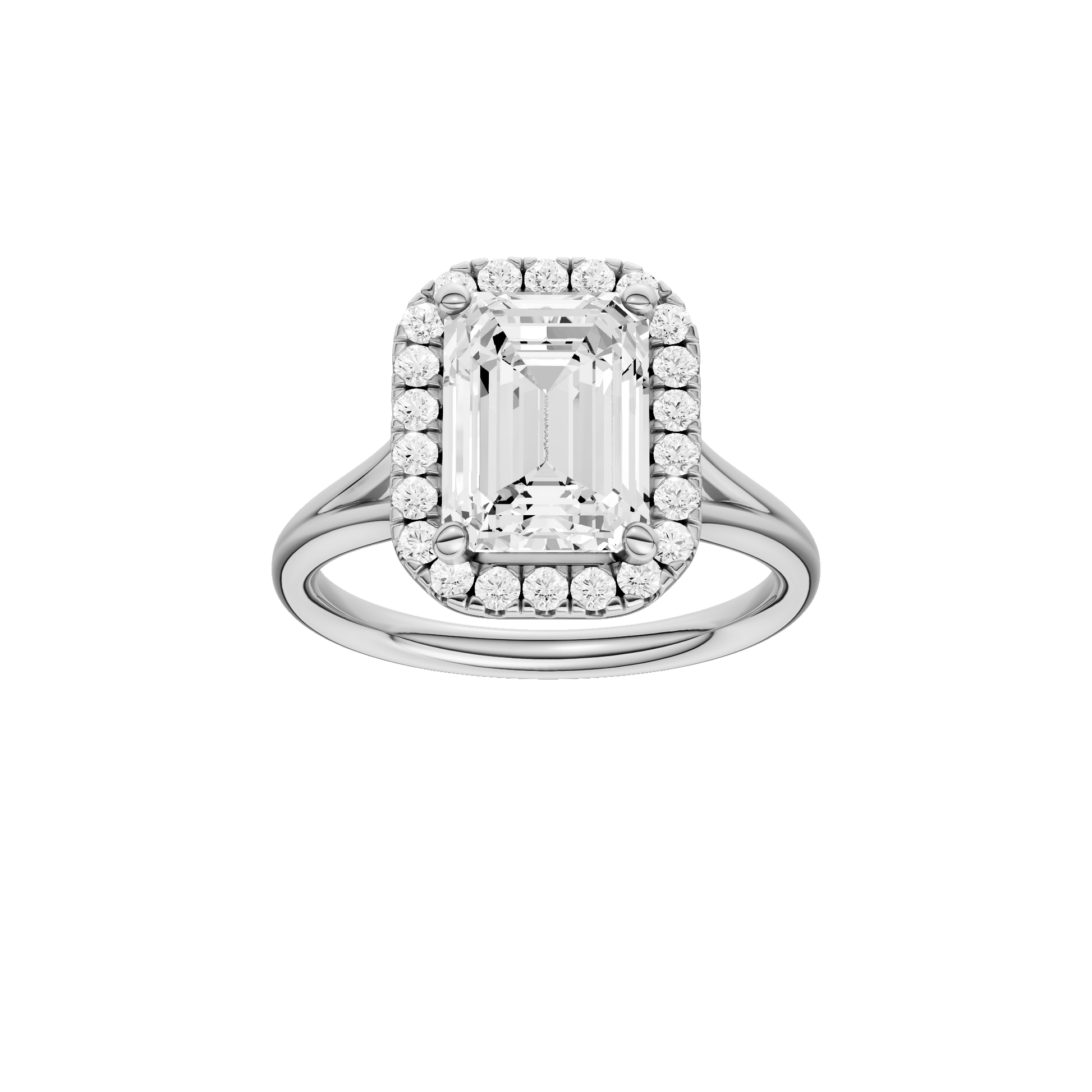 Emerald-cut diamond engagement ring with a plain band and halo setting.