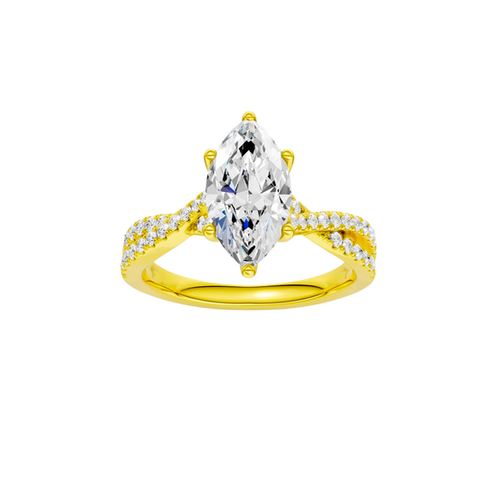 Marquise-cut diamond engagement ring in 14k yellow gold with a prong-set diamond band and twist setting