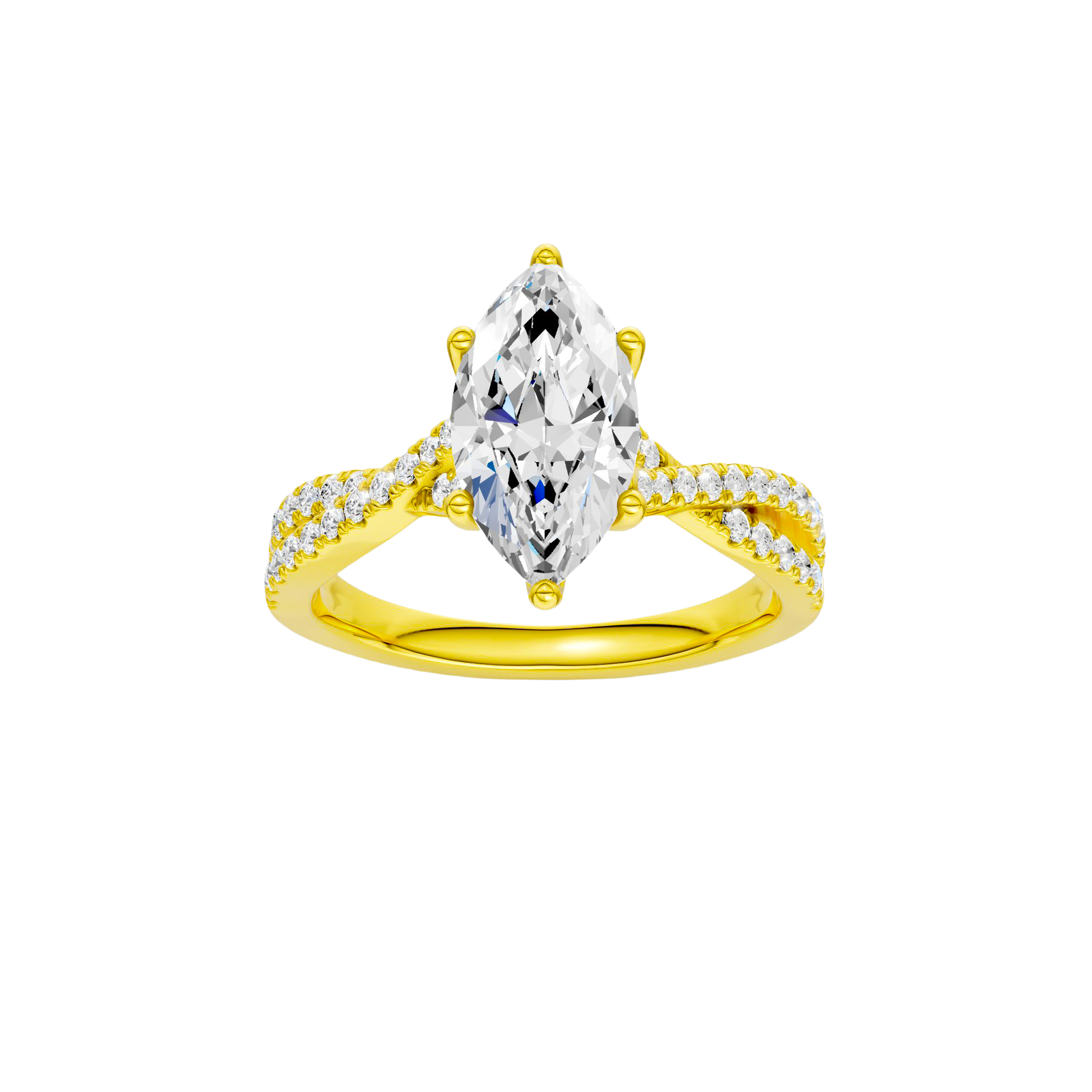 Marquise-cut diamond engagement ring in 14k yellow gold with a prong-set diamond band and twist setting