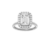 Emerald-cut diamond engagement ring with a pavé-set diamond band and halo setting.