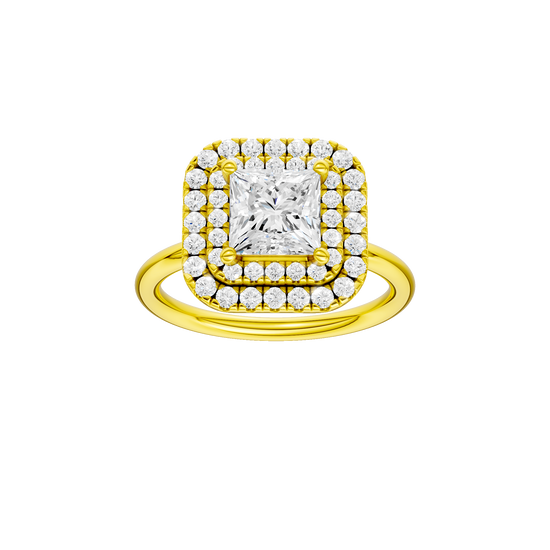 Princess-cut diamond engagement ring with a plain band and double-halo setting.
