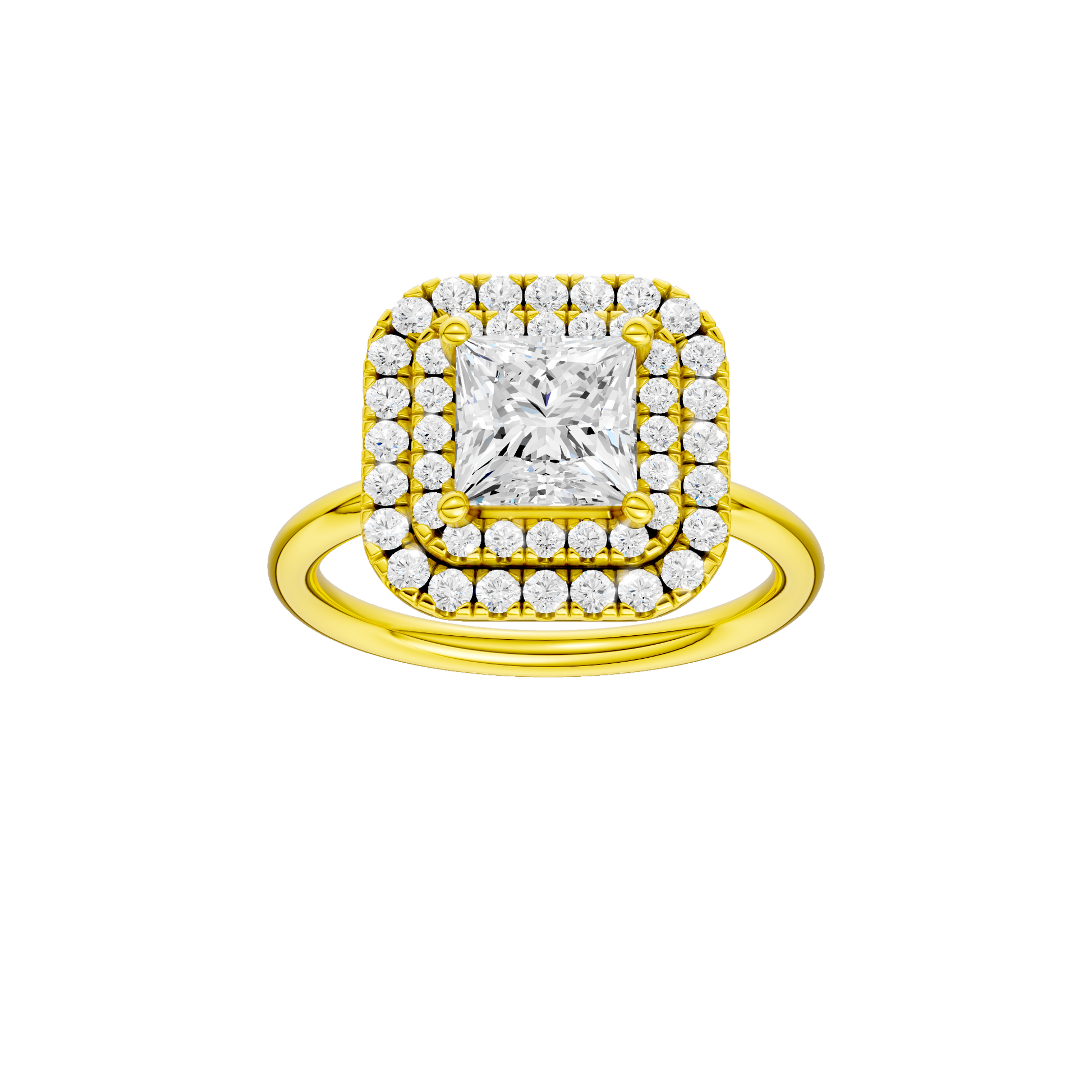 Princess-cut diamond engagement ring with a plain band and double-halo setting.