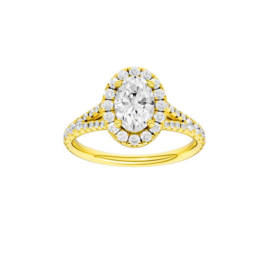 Oval-cut diamond engagement ring with a prong-set diamond band and halo setting.