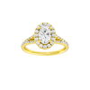 Oval-cut diamond engagement ring with a prong-set diamond band and halo setting.