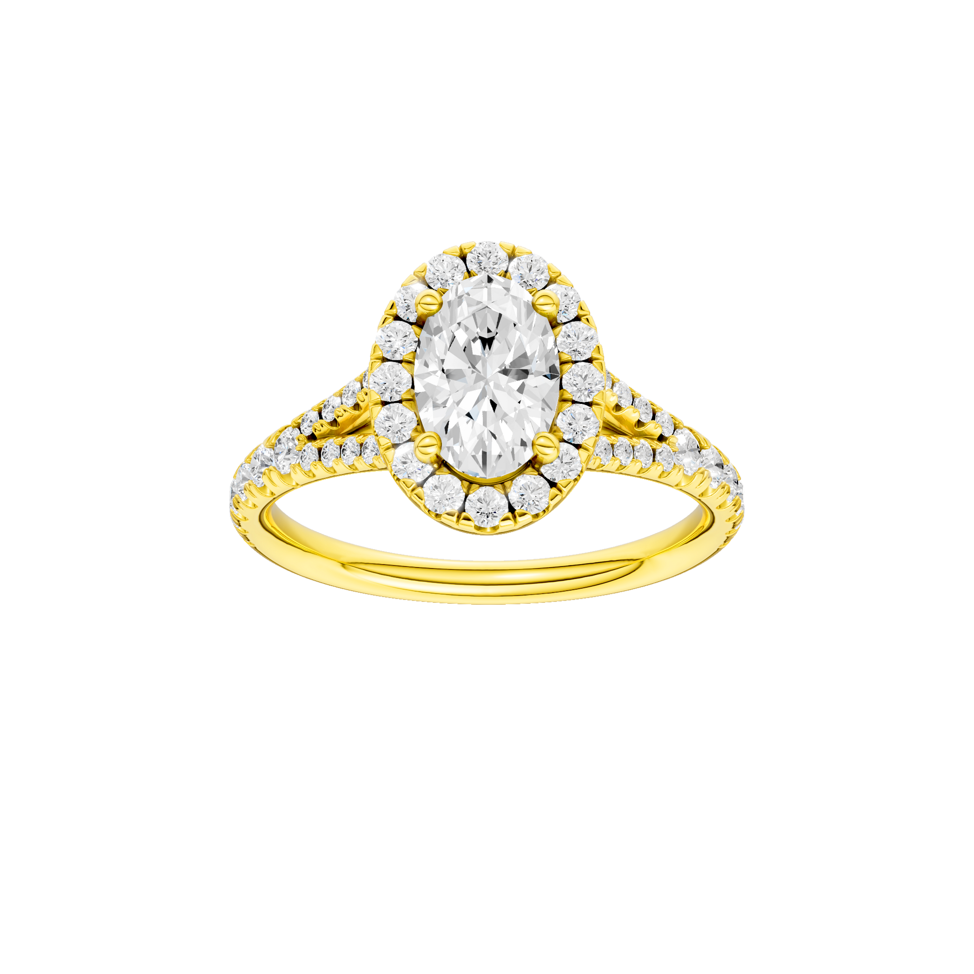 Oval-cut diamond engagement ring with a prong-set diamond band and halo setting.