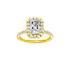Radiant-cut diamond engagement ring with a pavé-set diamond band and halo setting.
