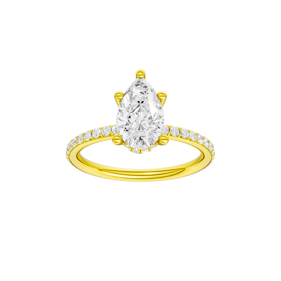 Pear-cut diamond engagement ring with a prong-set diamond band and hidden-halo setting.
