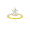 Pear-cut diamond engagement ring with a prong-set diamond band and hidden-halo setting.