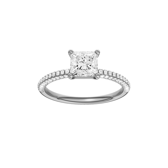 Princess-cut diamond engagement ring with a pavé-set diamond band and solitaire setting.