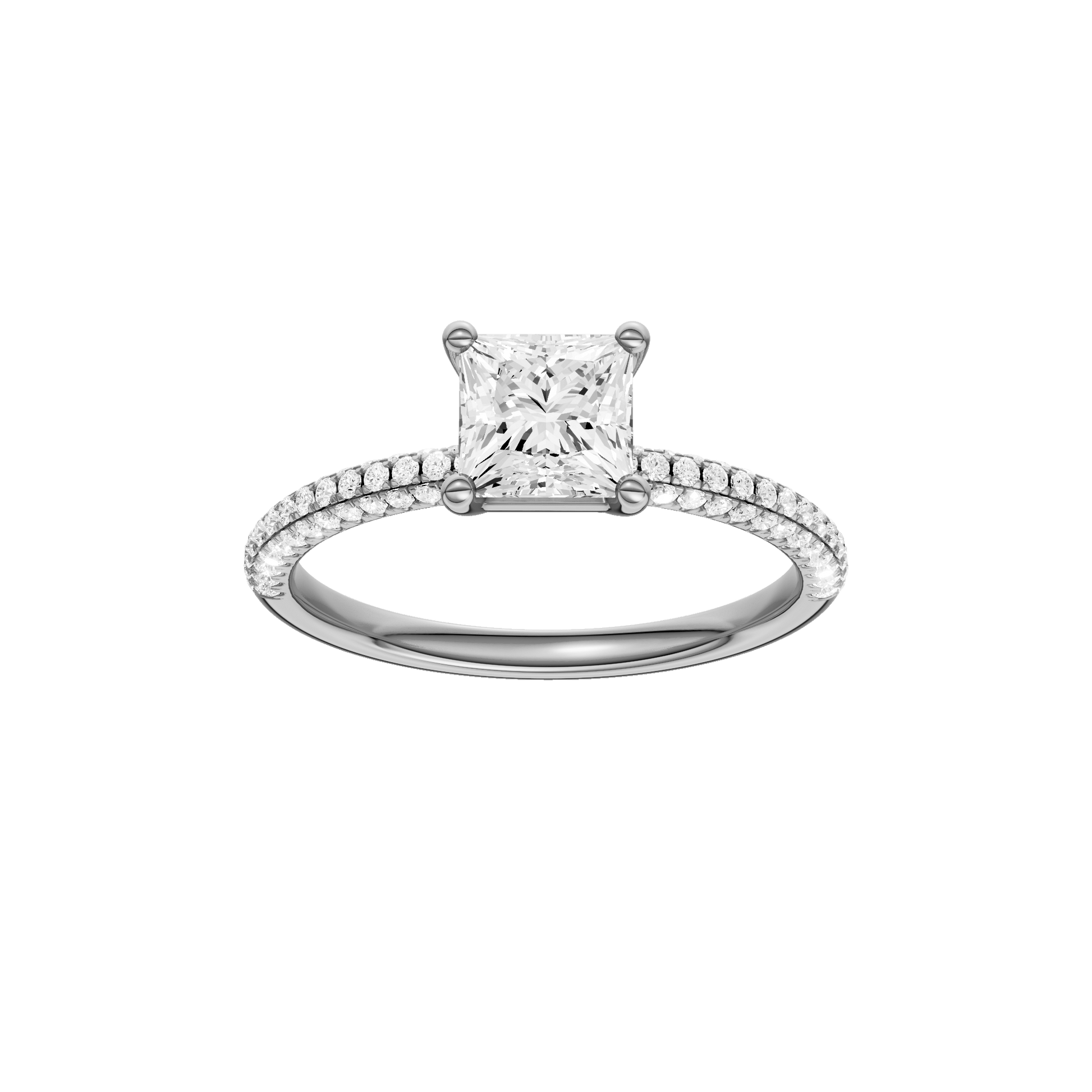 Princess-cut diamond engagement ring with a pavé-set diamond band and solitaire setting.