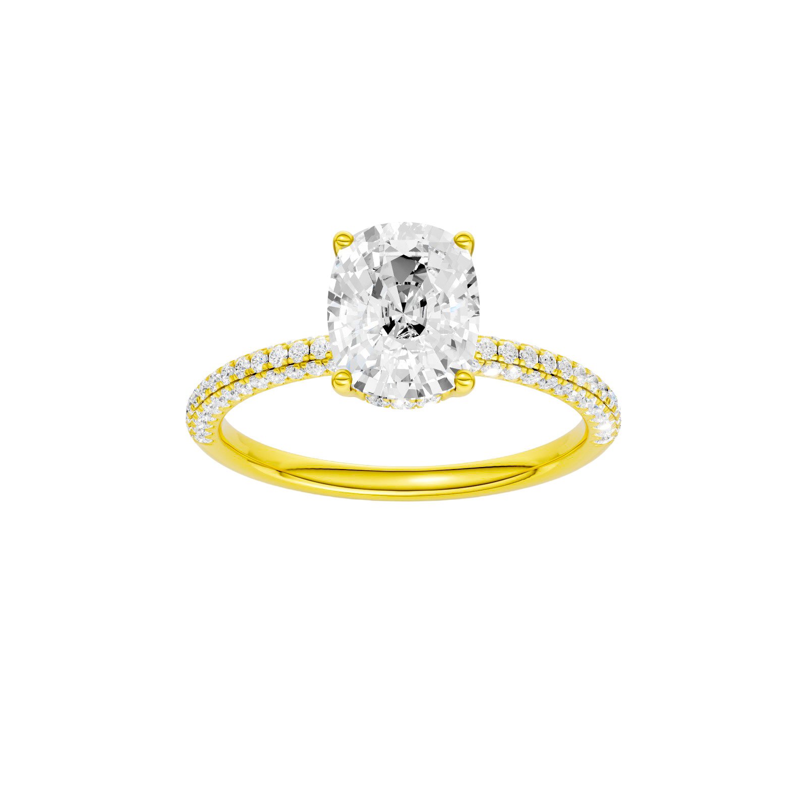 Elongated cushion-cut diamond engagement ring with a pavé-set diamond band and hidden-halo setting.