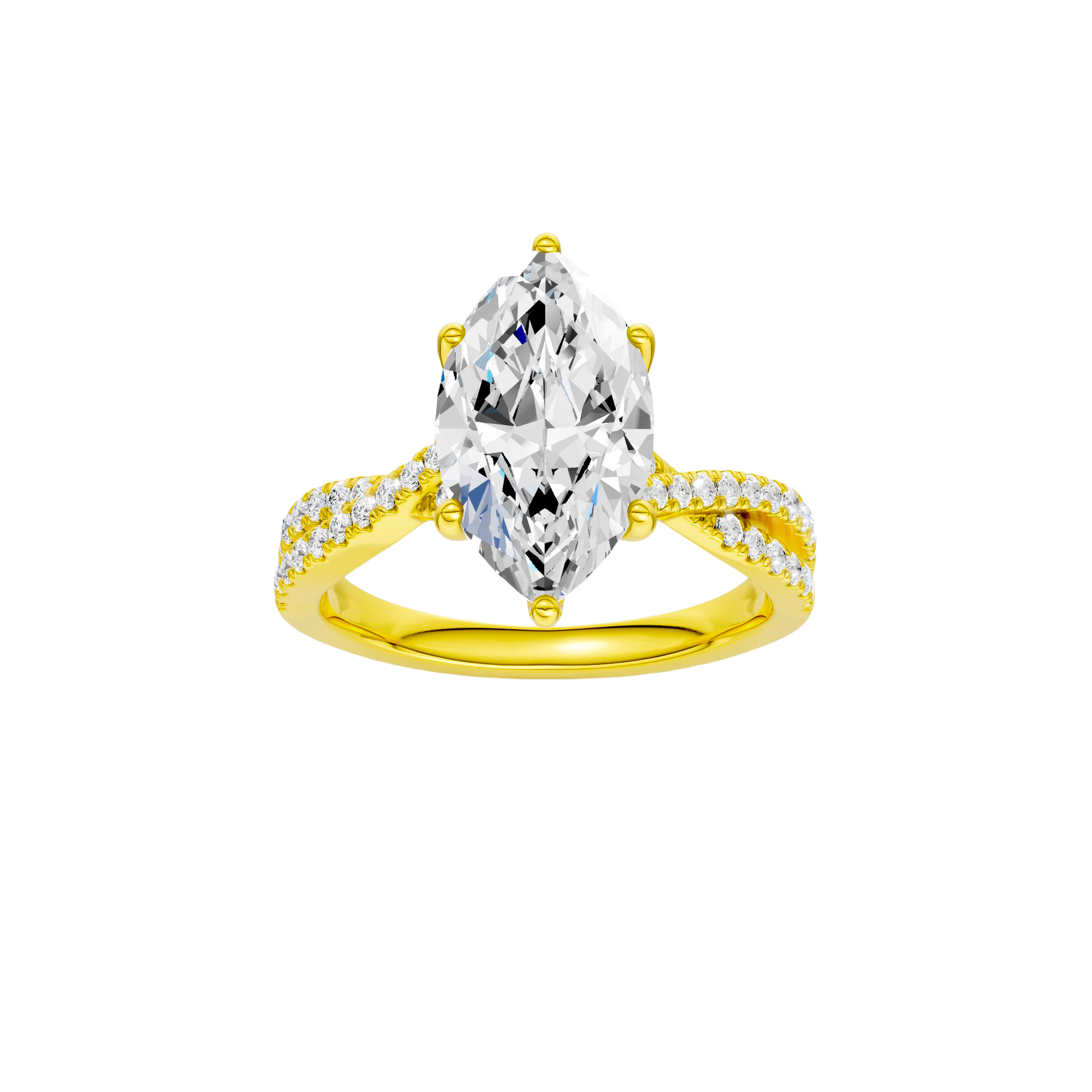 Marquise-cut diamond engagement ring in 14k yellow gold with a prong-set diamond band and twist setting