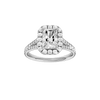 Radiant-cut diamond engagement ring with a channel-set diamond band and halo setting.