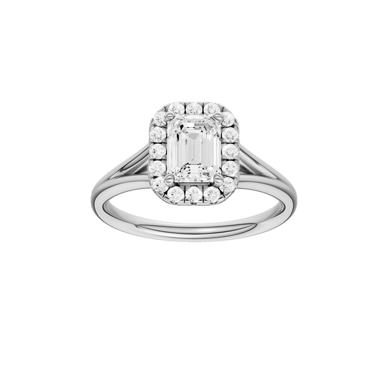 Emerald-cut diamond engagement ring with a plain band and halo setting.