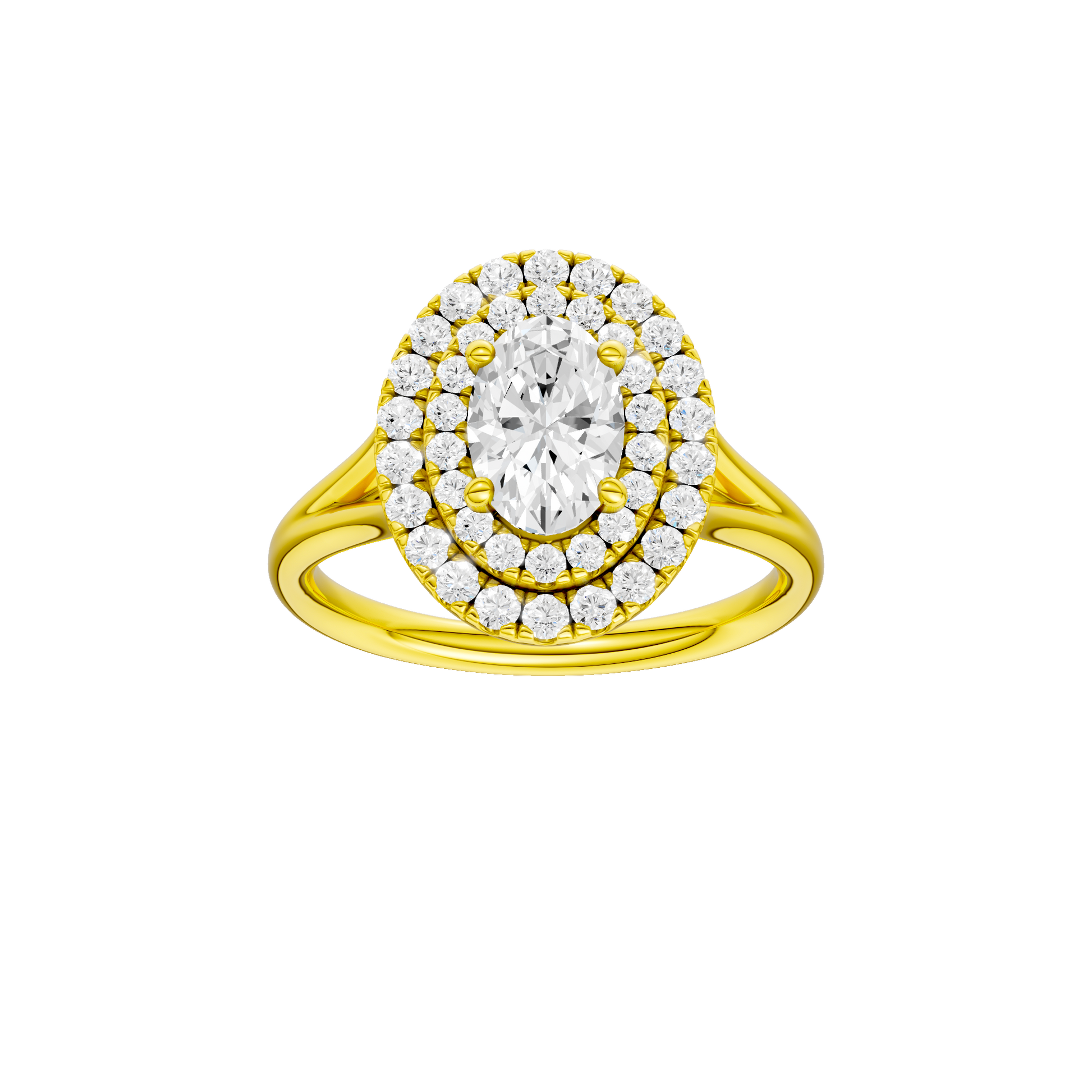 Oval-cut diamond engagement ring with a plain band and double-halo setting.