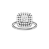 Princess-cut diamond engagement ring with a plain band and double-halo setting.