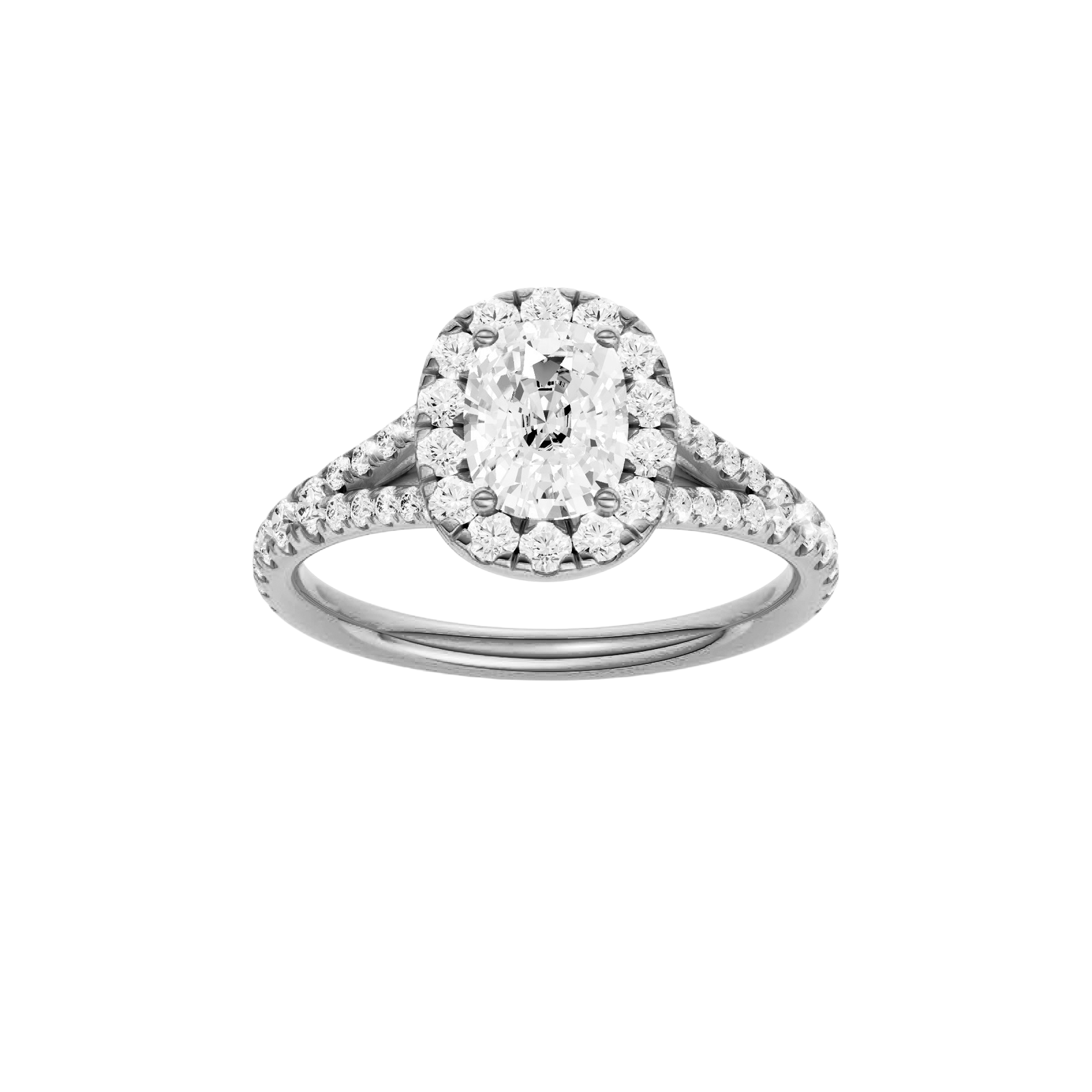 Elongated cushion-cut diamond engagement ring with a prong-set diamond band and halo setting.