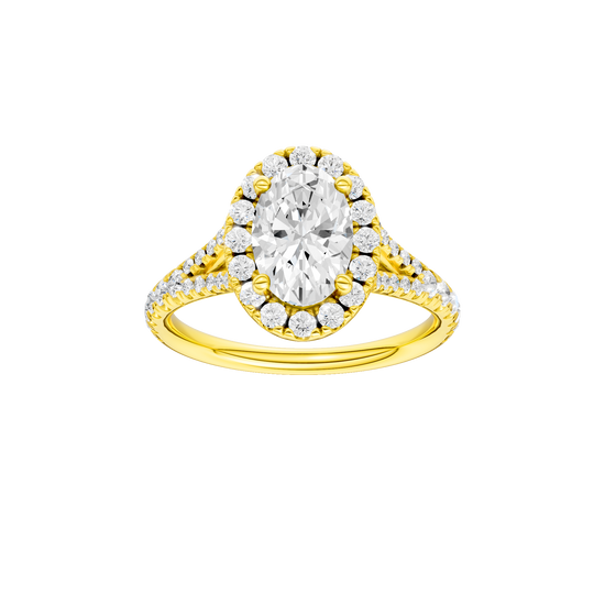 Oval-cut diamond engagement ring with a prong-set diamond band and halo setting.