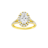 Oval-cut diamond engagement ring with a prong-set diamond band and halo setting.