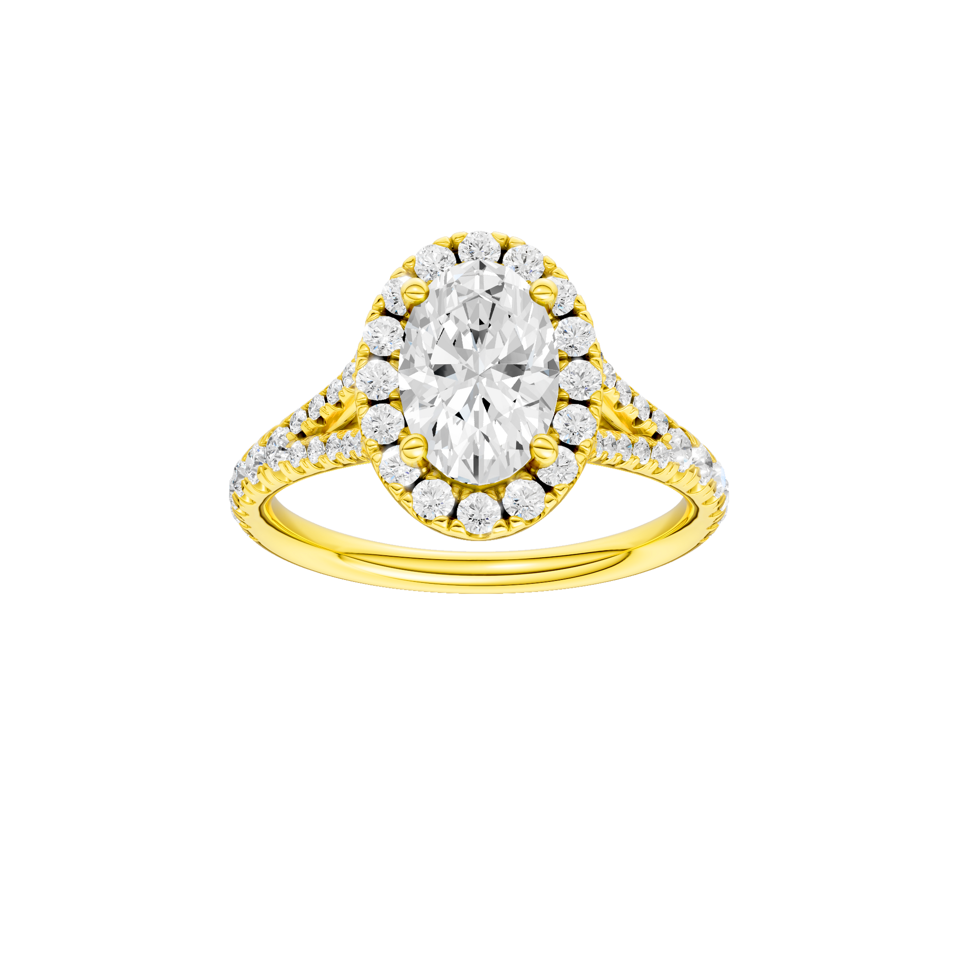 Oval-cut diamond engagement ring with a prong-set diamond band and halo setting.