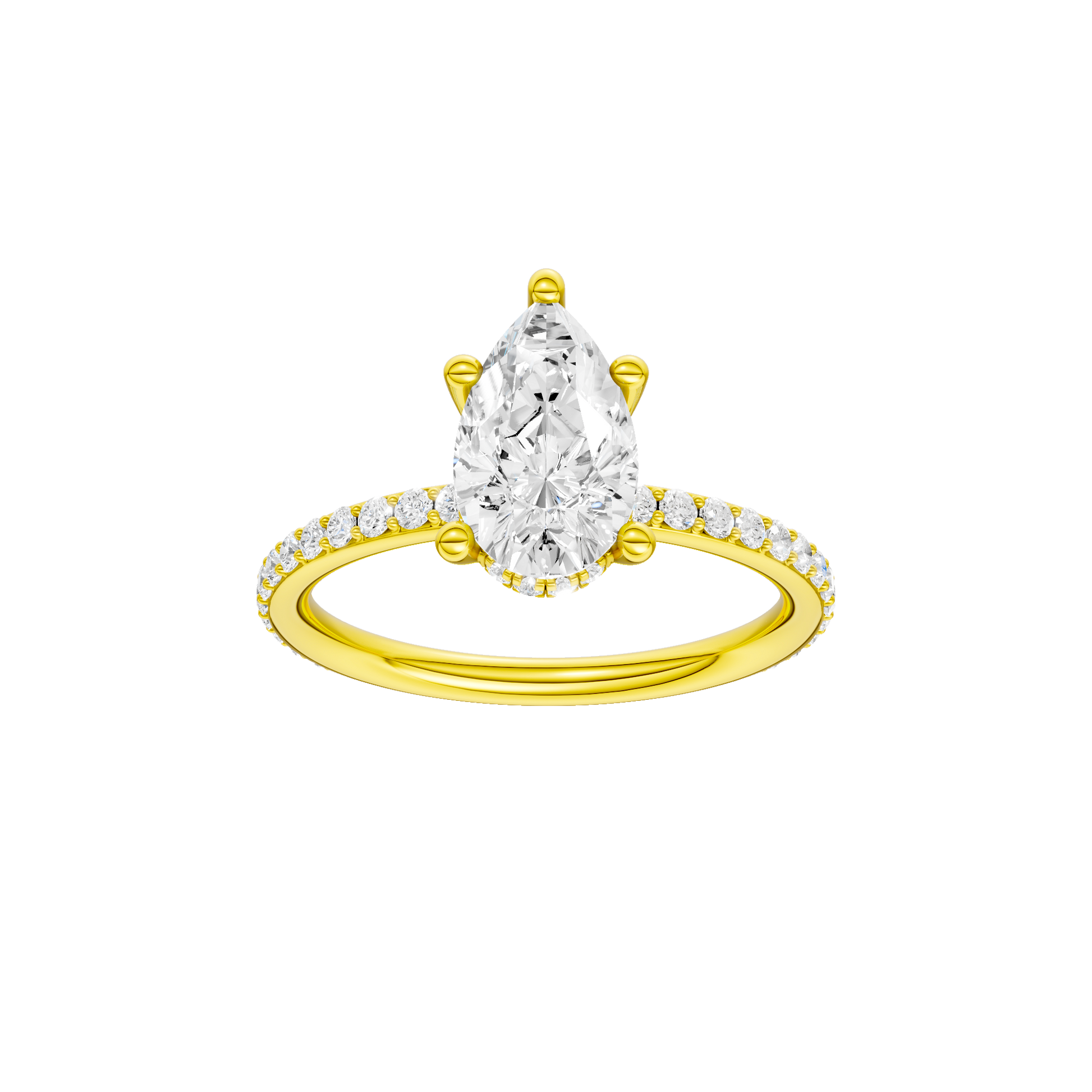 Pear-cut diamond engagement ring with a prong-set diamond band and hidden-halo setting.