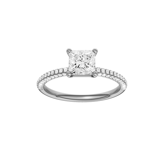 Princess-cut diamond engagement ring with a pavé-set diamond band and solitaire setting.