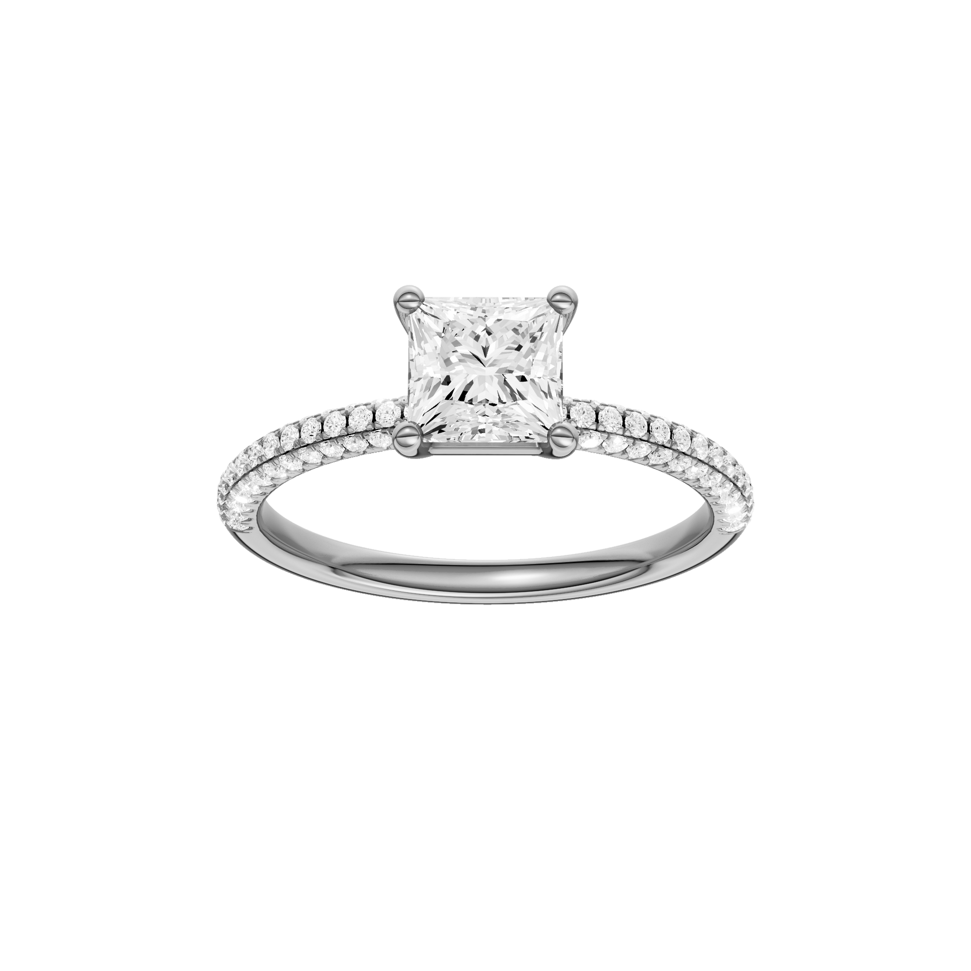 Princess-cut diamond engagement ring with a pavé-set diamond band and solitaire setting.
