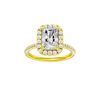 Radiant-cut diamond engagement ring with a pavé-set diamond band and halo setting.