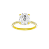 Elongated cushion-cut diamond engagement ring with a pavé-set diamond band and hidden-halo setting.