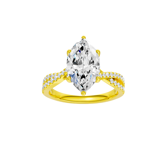 Marquise-cut diamond engagement ring in 14k yellow gold with a prong-set diamond band and twist setting