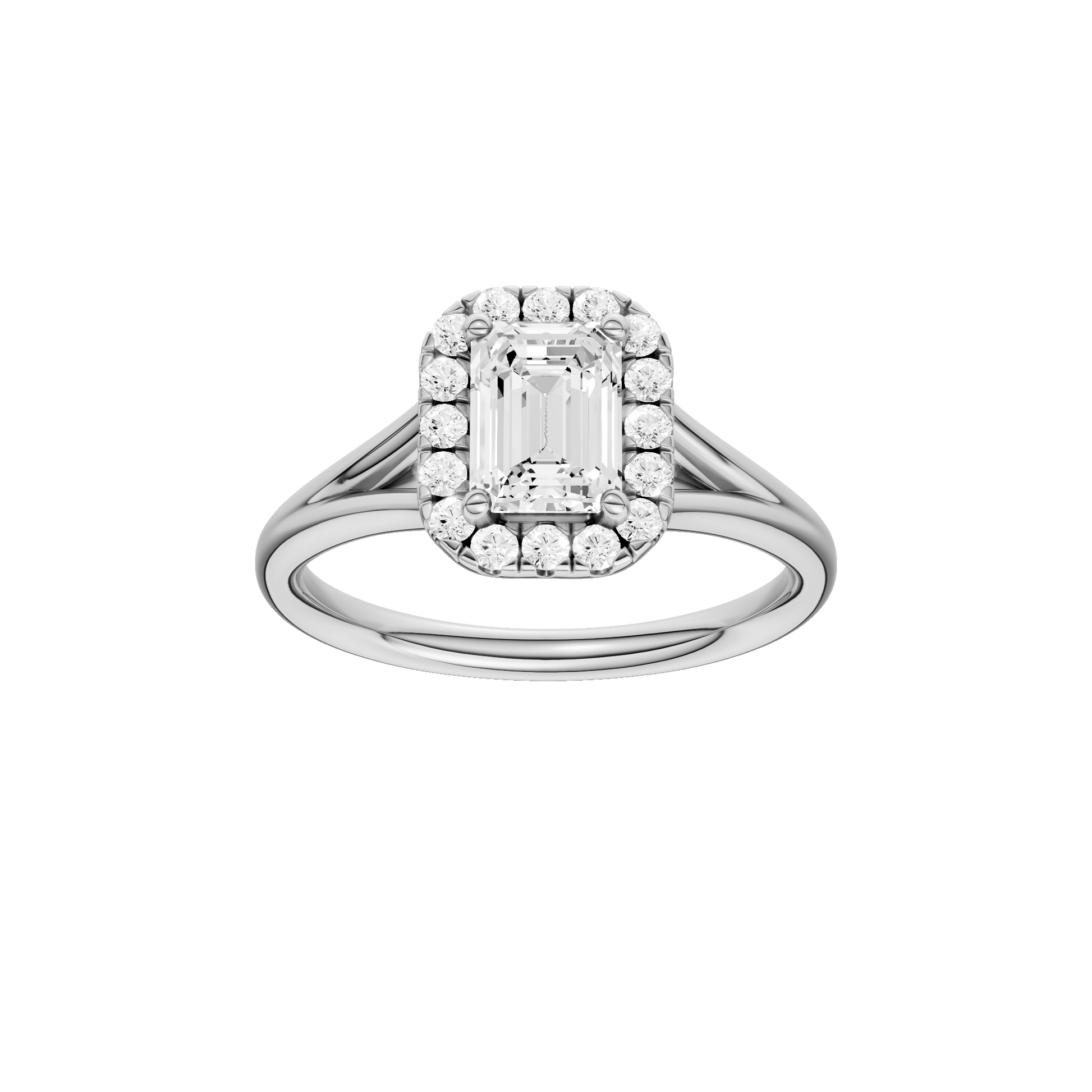 Emerald-cut diamond engagement ring with a plain band and halo setting.