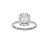 Emerald-cut diamond engagement ring with a pavé-set diamond band and halo setting.