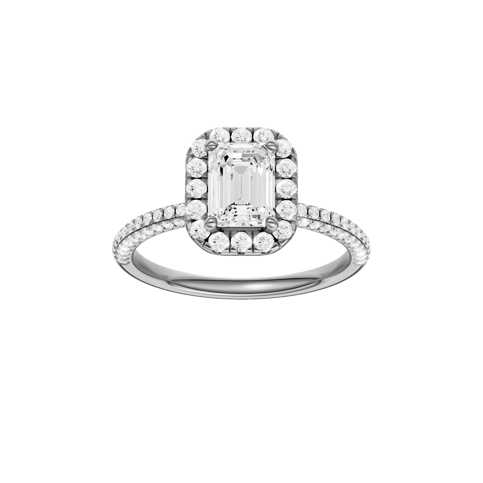 Emerald-cut diamond engagement ring with a pavé-set diamond band and halo setting.