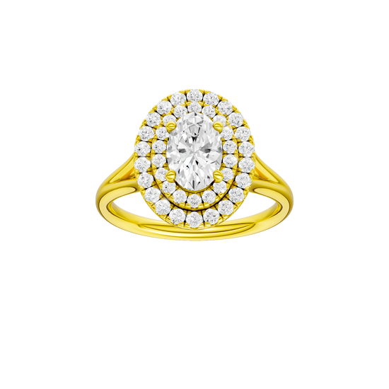 Oval-cut diamond engagement ring with a plain band and double-halo setting.