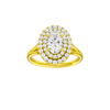 Oval-cut diamond engagement ring with a plain band and double-halo setting.