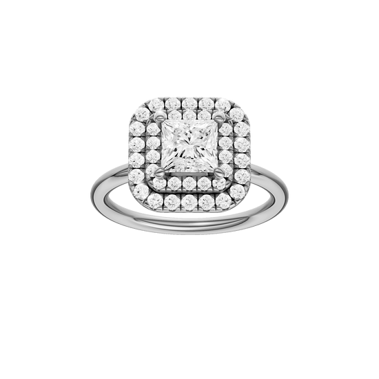 Princess-cut diamond engagement ring with a plain band and double-halo setting.
