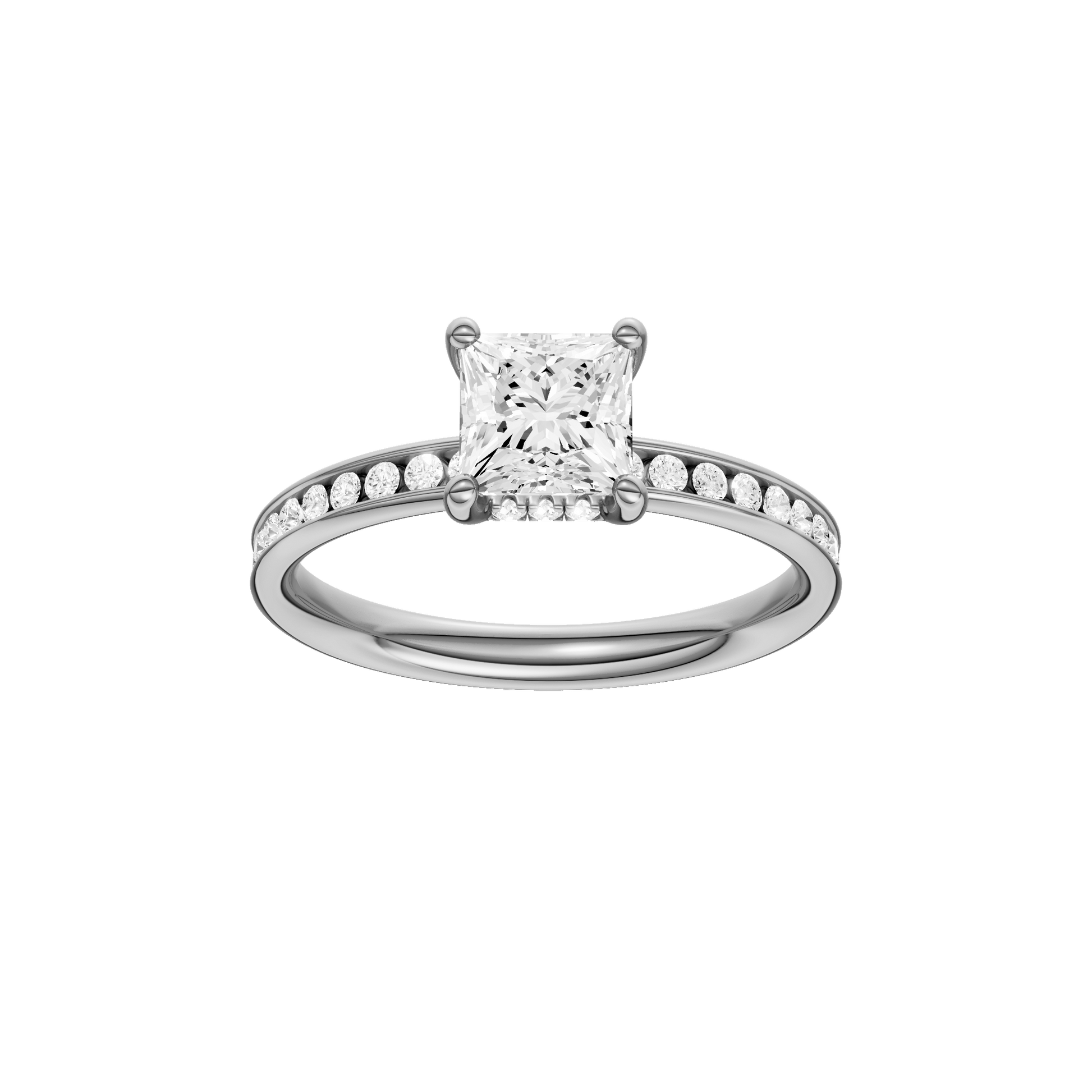 Princess-cut diamond engagement ring with a channel-set diamond band and hidden-halo setting.