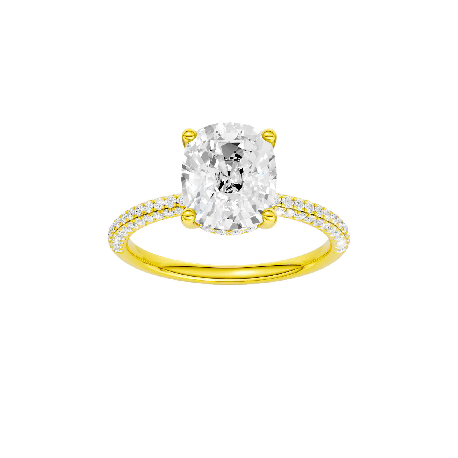 Elongated cushion-cut diamond engagement ring with a pavé-set diamond band and hidden-halo setting.