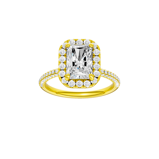Radiant-cut diamond engagement ring with a pavé-set diamond band and halo setting.