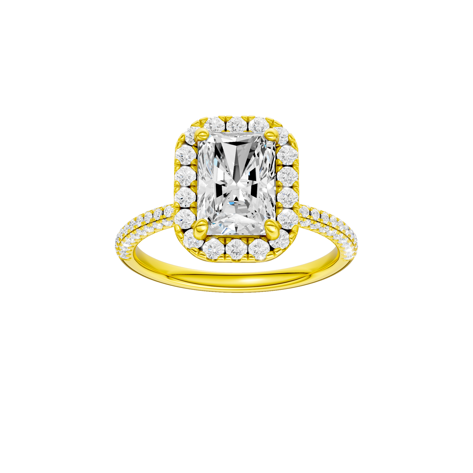 Radiant-cut diamond engagement ring with a pavé-set diamond band and halo setting.
