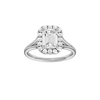 Emerald-cut diamond engagement ring with a plain band and halo setting.