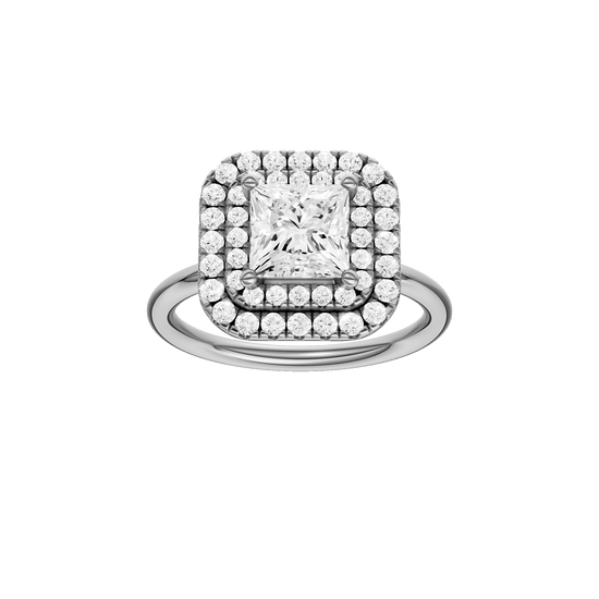 Princess-cut diamond engagement ring with a plain band and double-halo setting.