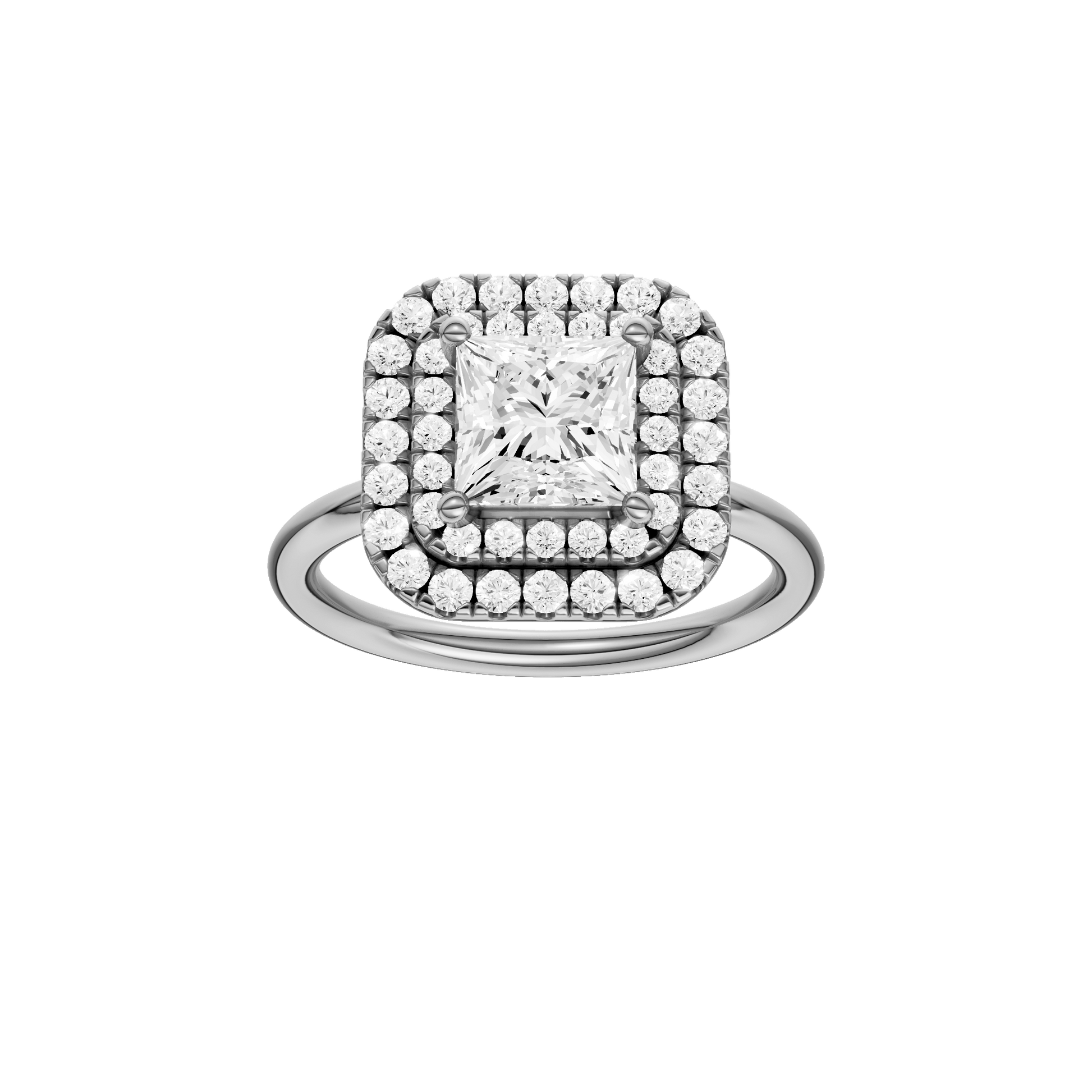 Princess-cut diamond engagement ring with a plain band and double-halo setting.