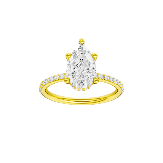 Pear-cut diamond engagement ring with a prong-set diamond band and hidden-halo setting.