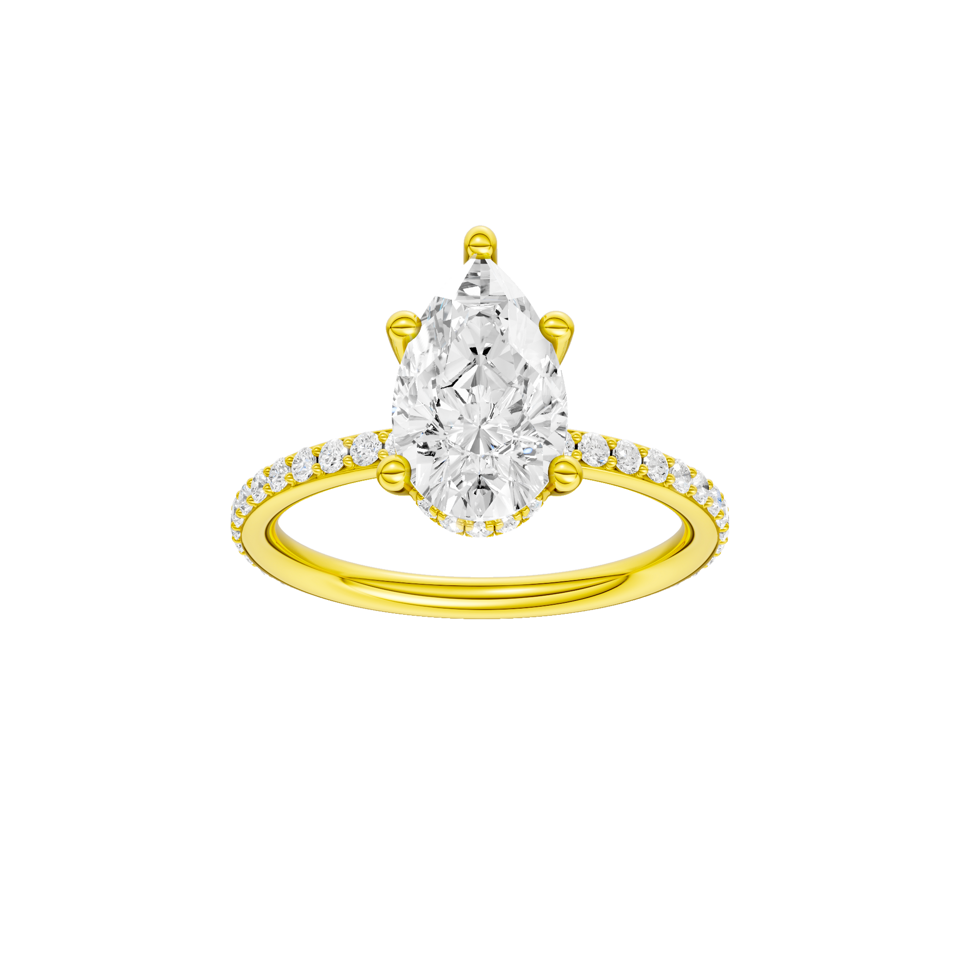 Pear-cut diamond engagement ring with a prong-set diamond band and hidden-halo setting.
