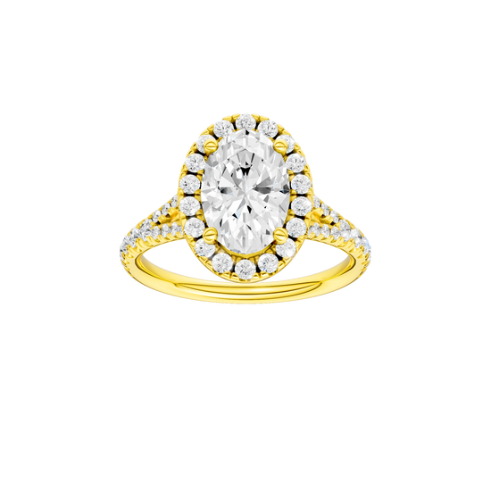 Oval-cut diamond engagement ring with a prong-set diamond band and halo setting.